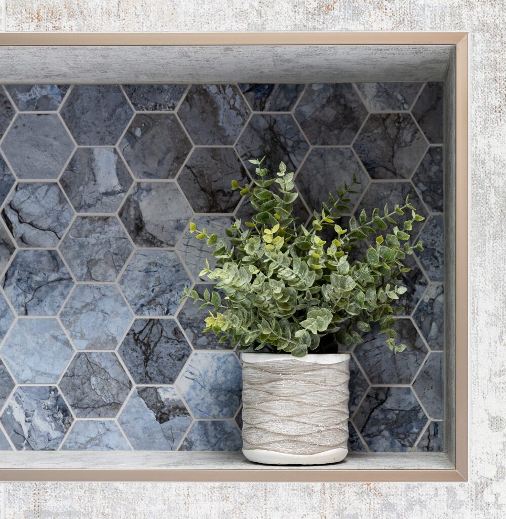 Blue marble hexagon tile niche detail