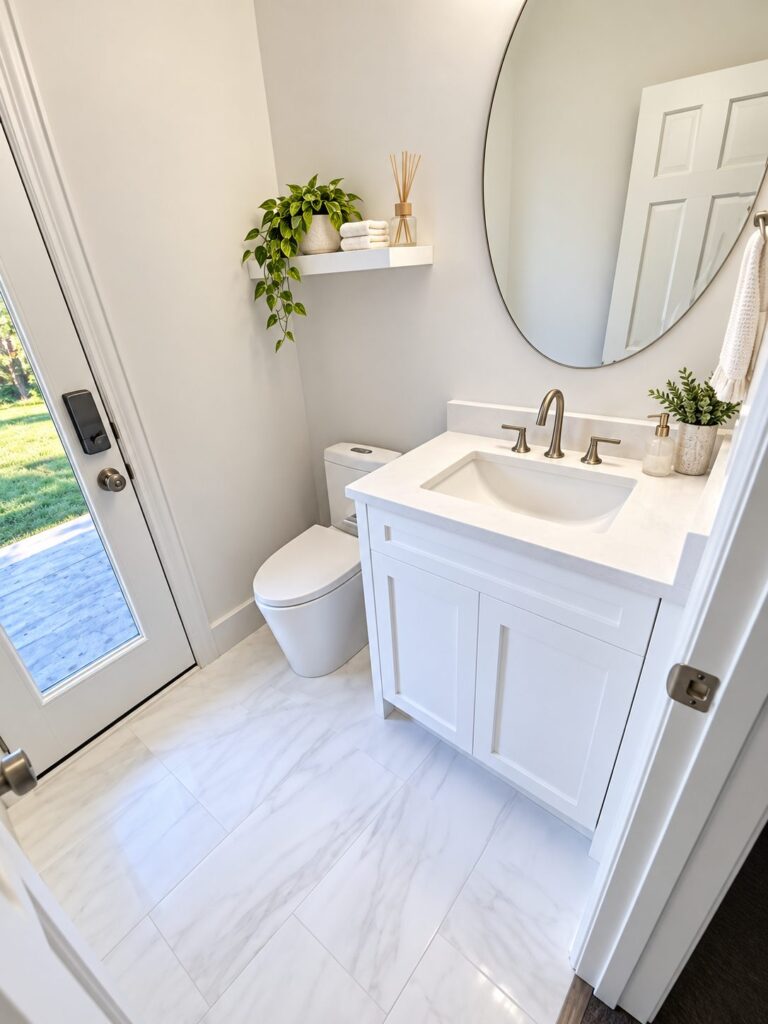 Colleyville bath remodel with white vanity and marble-look floor