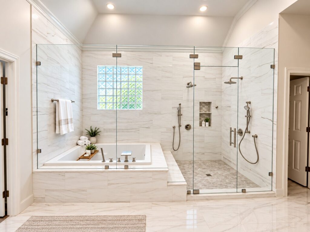 Colleyville primary bath remodel with marble wet room, soaking tub and glass shower