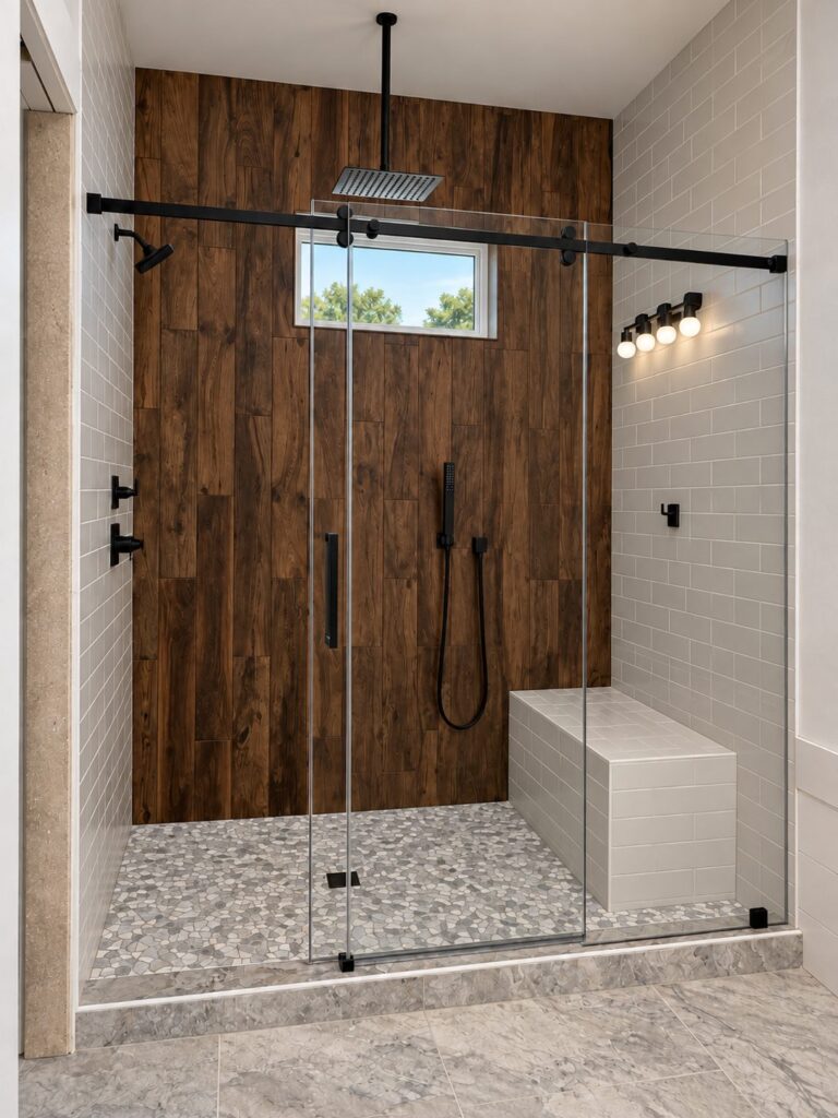 Flower Mound primary shower remodel with wood-look tile wall and glass doors
