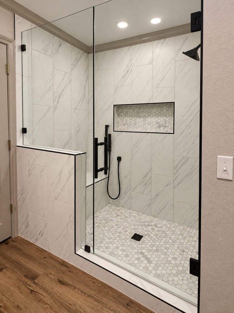 Grapevine primary shower remodel with marble-look tile and black hardware
