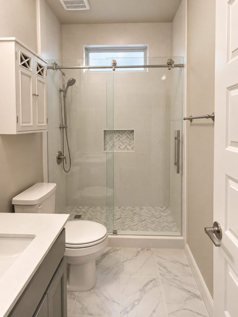 Hall bath remodel with sliding glass shower and marble-look floor