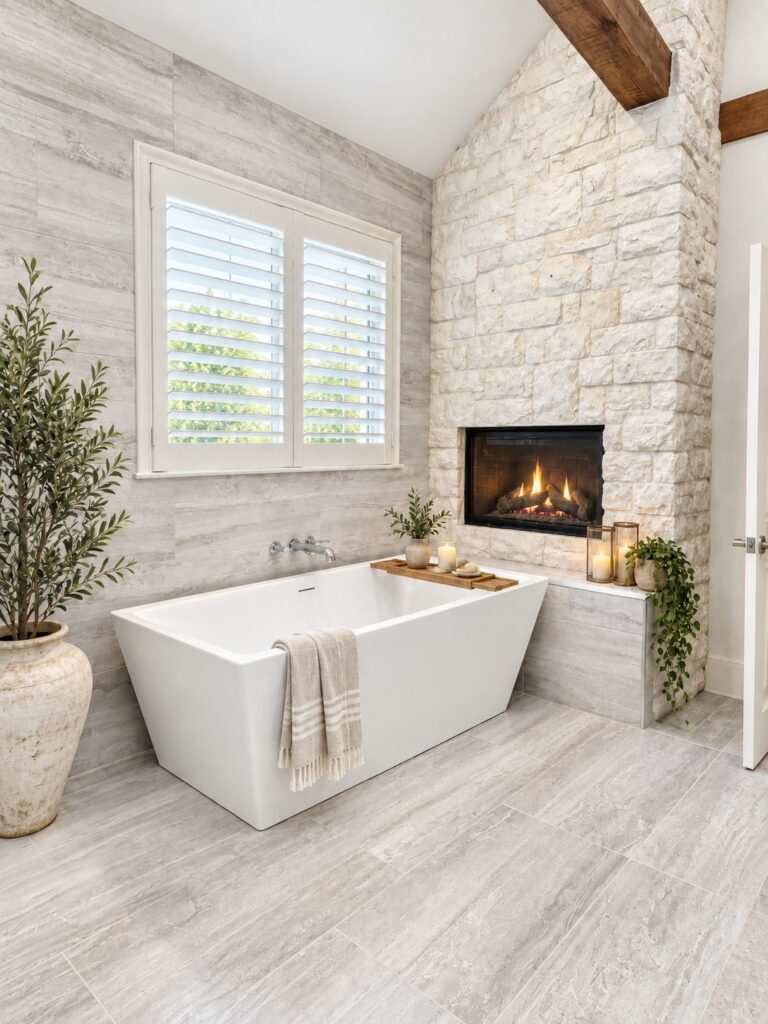 Highland Park primary bath with freestanding tub beside a stone fireplace