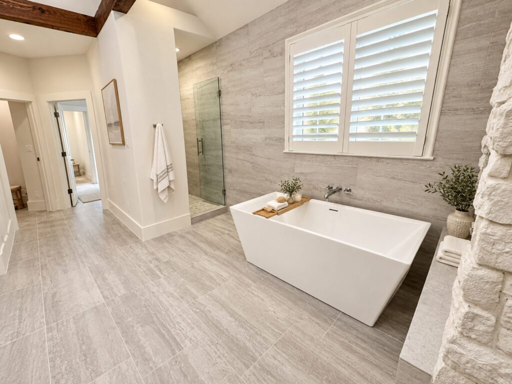 Highland Park primary bath remodel with freestanding tub and stone accent wall
