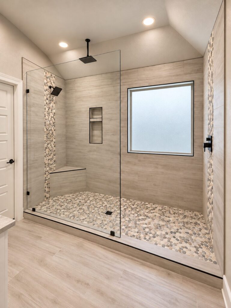 Primary shower remodel with wood-look tile, pebble floor and rain head
