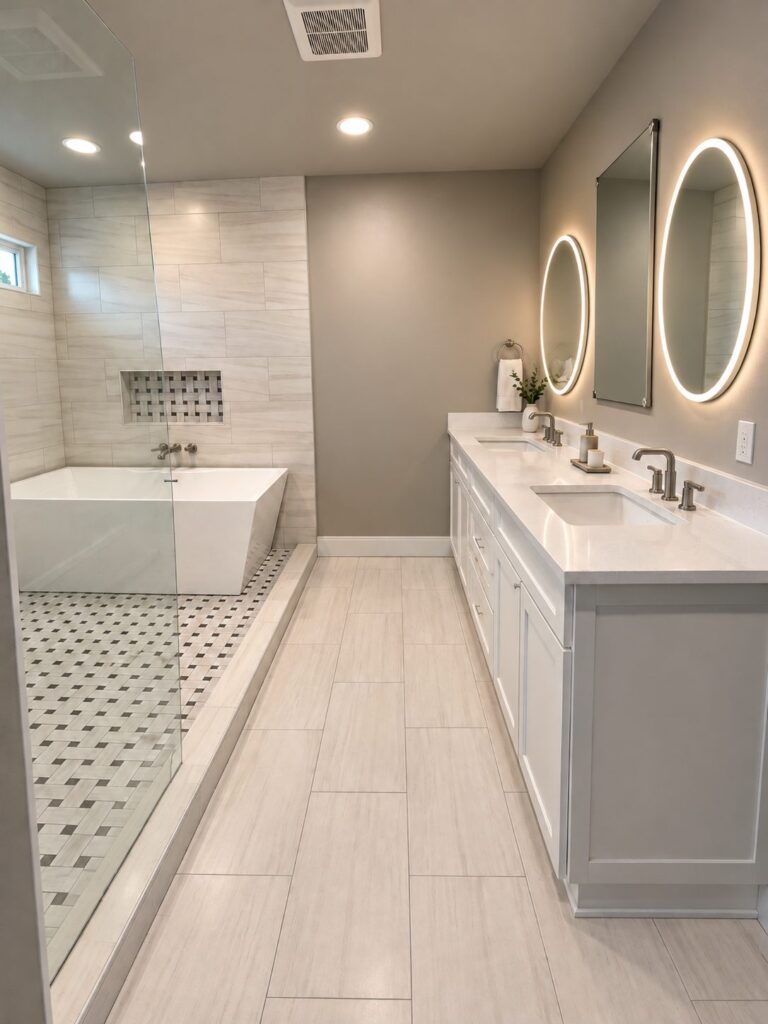 Richardson primary bath double vanity with lighted mirrors