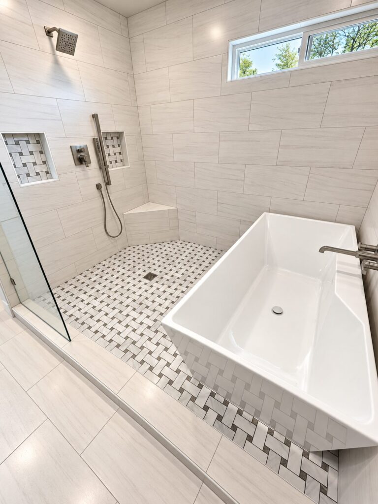 Richardson primary bath wet room with rain shower and freestanding tub