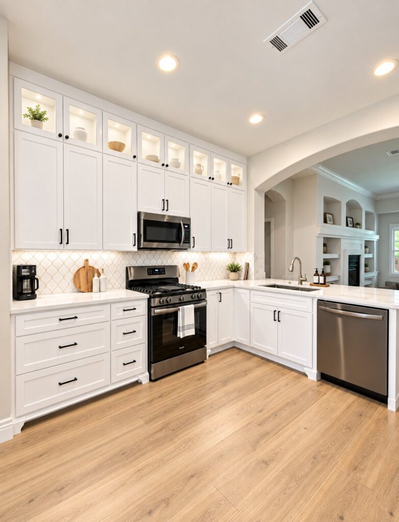 Bright white kitchen with glass-front upper cabinets in Robson Ranch