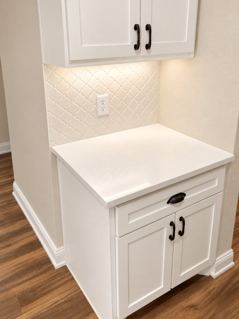 Southlake kitchen coffee station with arabesque tile and oil-rubbed bronze hardware