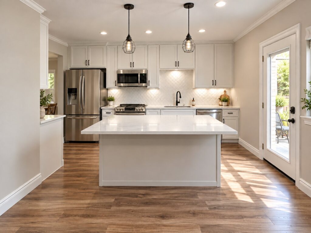Southlake kitchen remodel with white quartz island and caged pendant lights