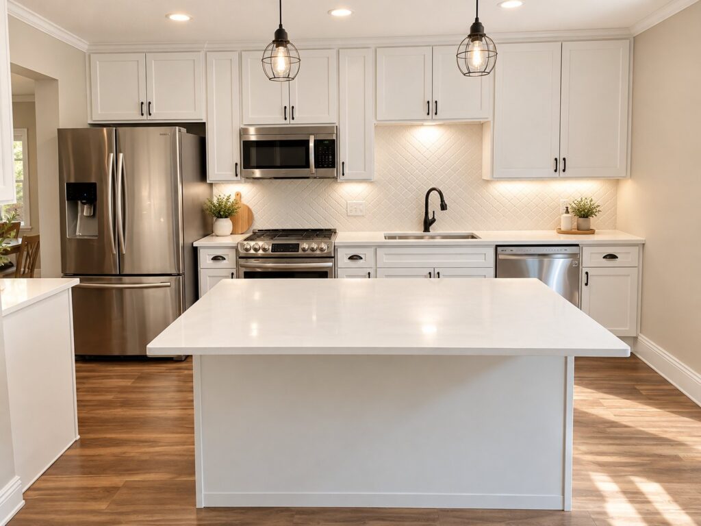 Southlake kitchen with white shaker cabinets, arabesque tile backsplash and under-cabinet lighting