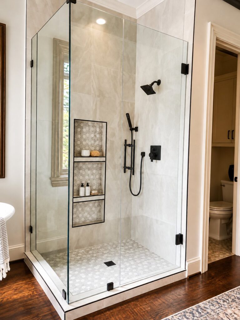 Frameless glass shower with tile niche in a Southlake primary bath remodel