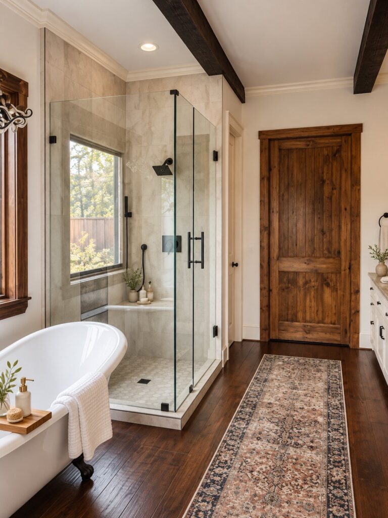 Clawfoot tub, walk-in shower and wood beams in a Southlake primary bath remodel