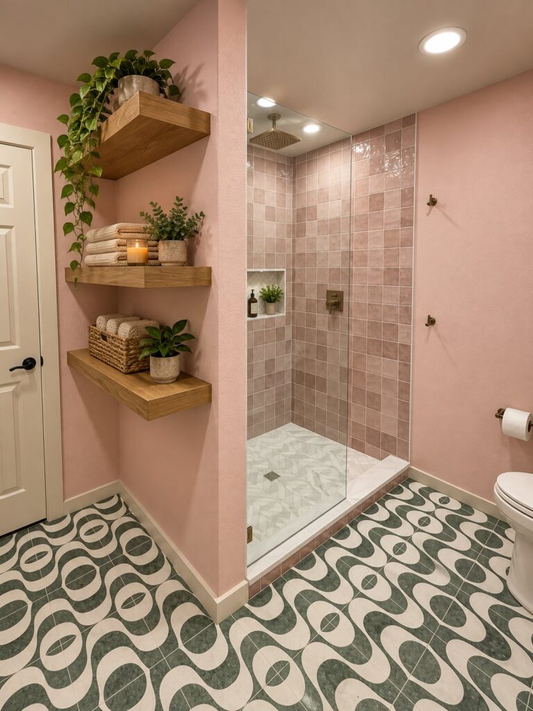 Blush tile shower with floating shelves and patterned floor tile in a Southlake whole-home remodel