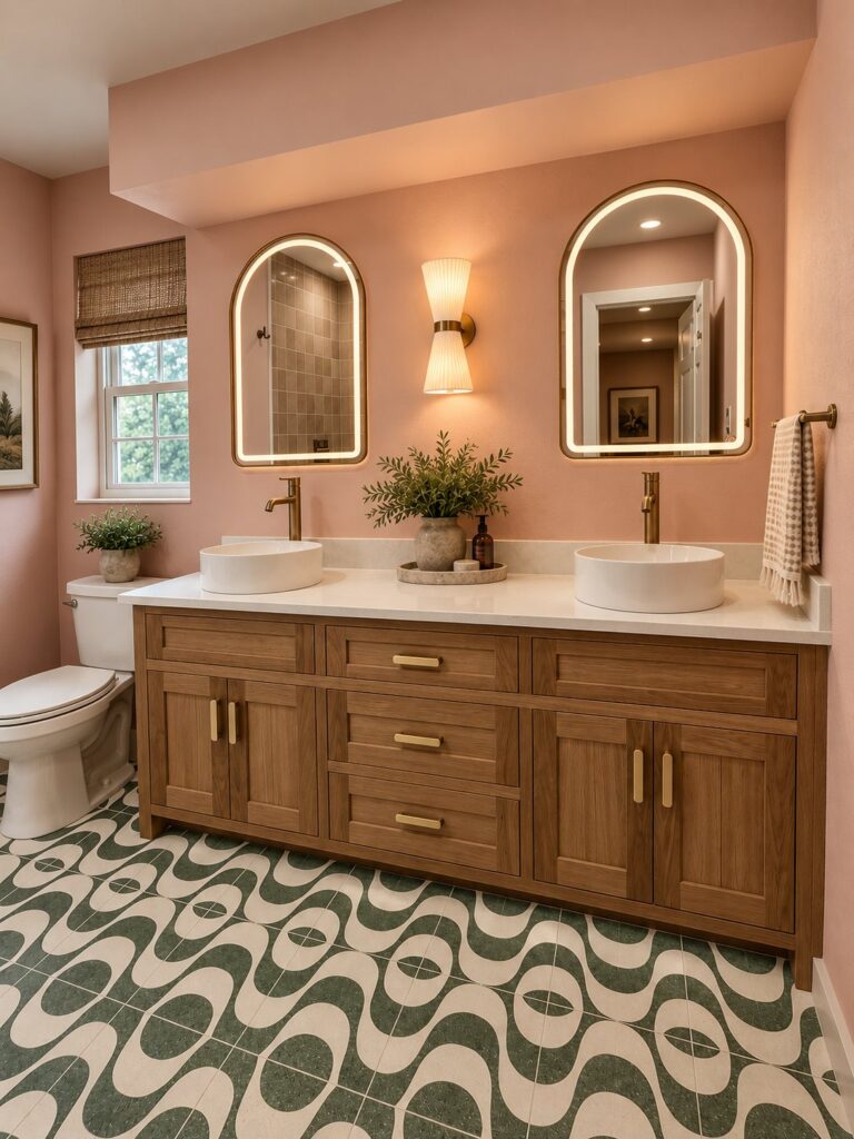 Wood double vanity with arched mirrors and vessel sinks in a Southlake whole-home remodel