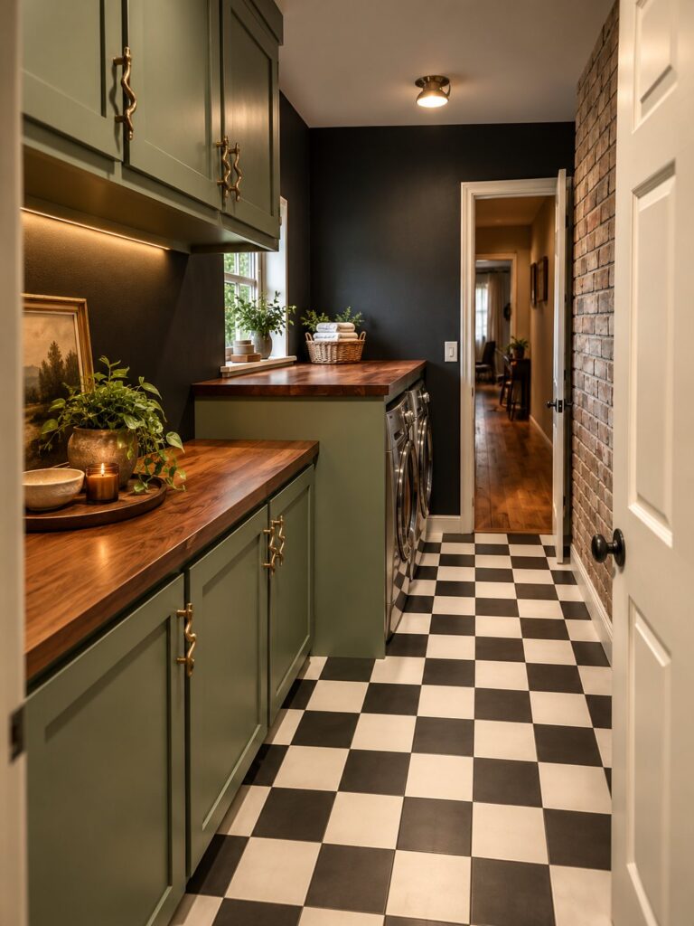 Butler's pantry and laundry room with green cabinetry, a wood countertop and checkerboard floor in a Southlake whole-home remodel