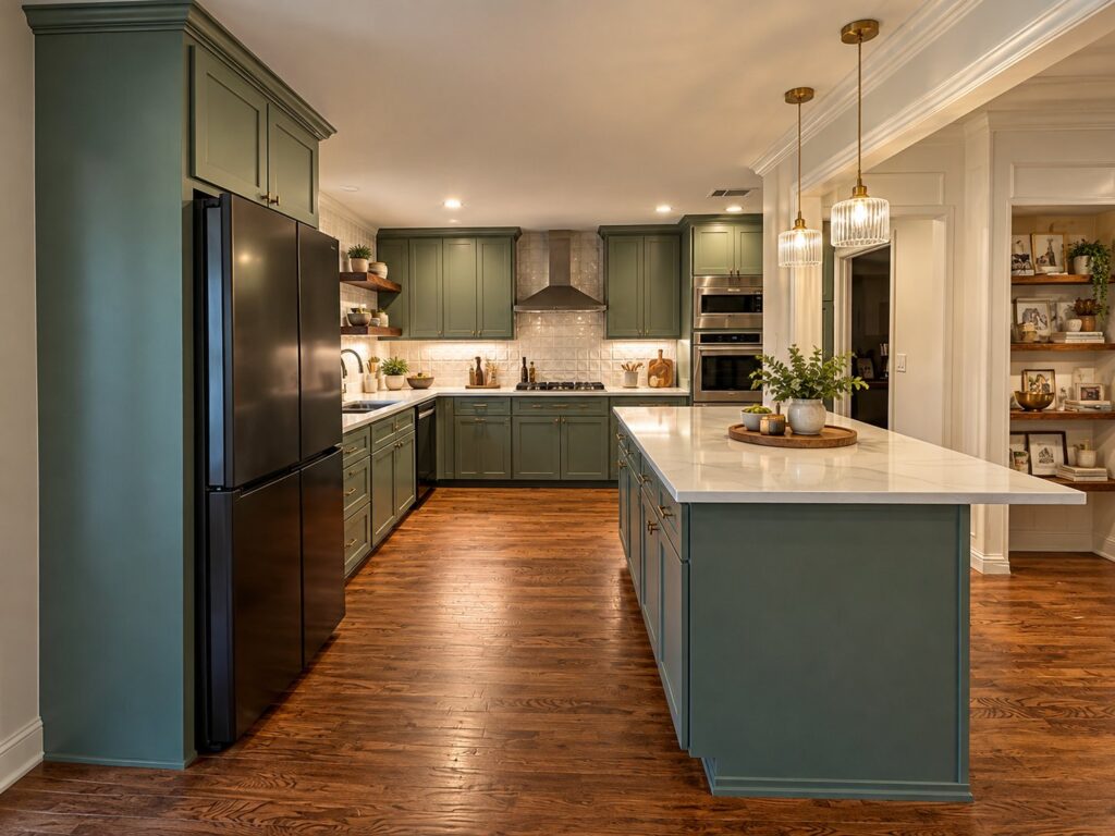 Sage green kitchen with large quartz island and pendant lights in a Southlake whole-home remodel