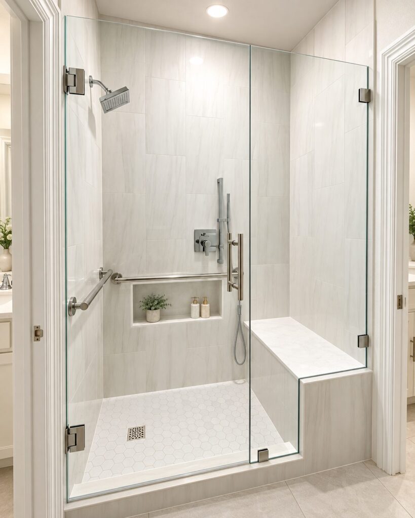 Walk-in shower remodel with built-in bench and grab bars
