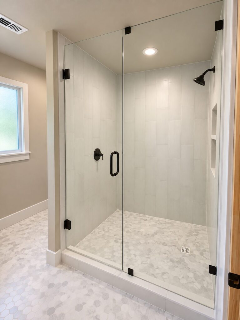 Walk-in shower with frameless glass enclosure and marble mosaic floor