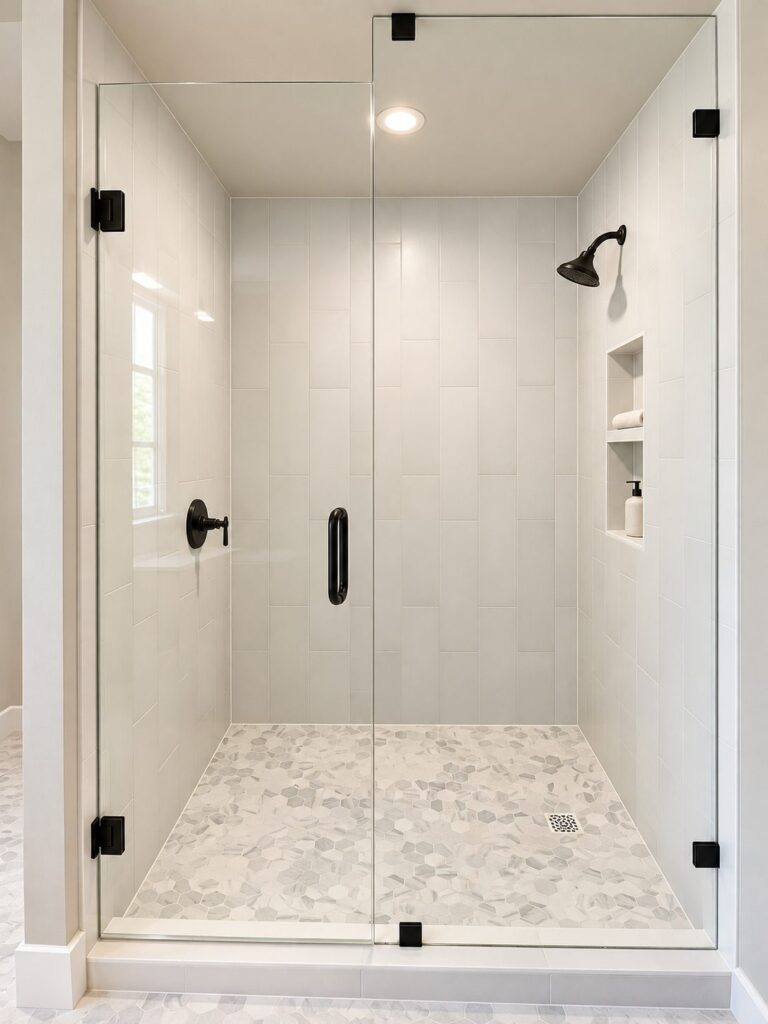 Walk-in shower remodel with frameless glass and matte black hardware