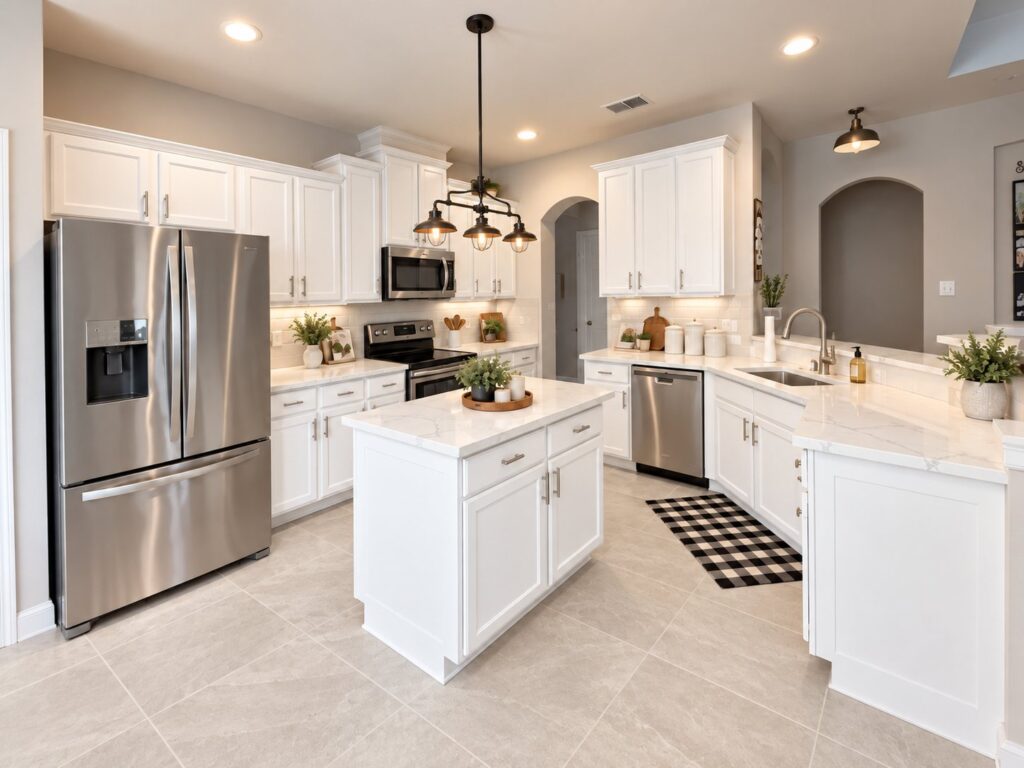 White kitchen remodel with island and pendant lighting